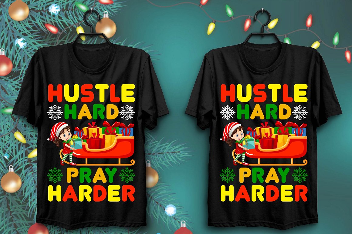 Black t-shirts with a colorful print, bright inscription and New Year's sleigh full of gifts.