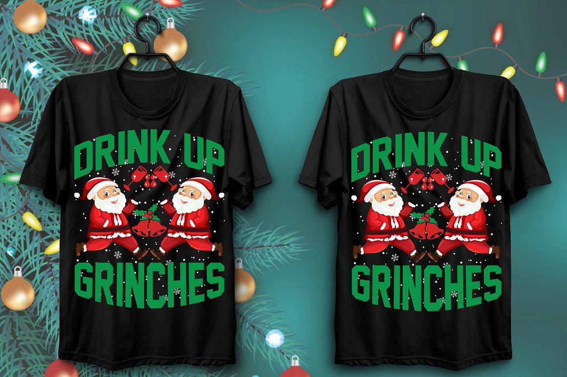 T-shirts with a colorful print of two cheerful Santas with glasses.