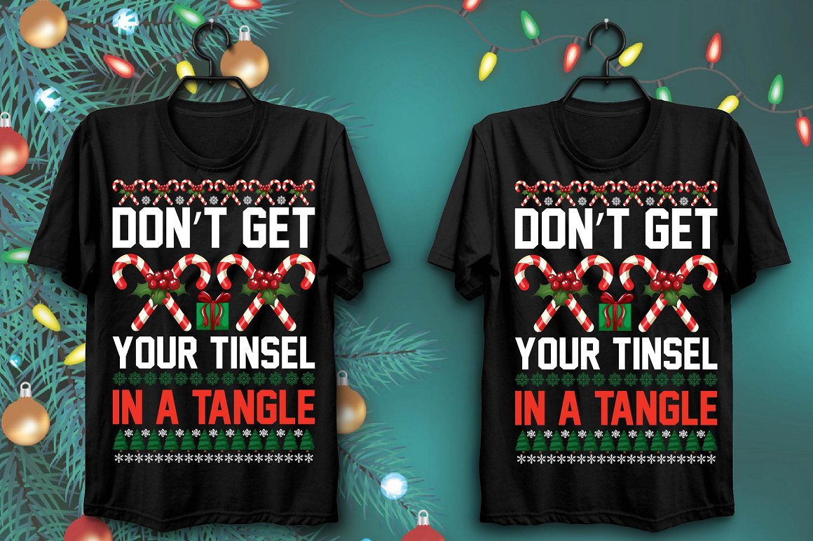 T-shirts with Christmas candy print and funny slogan.