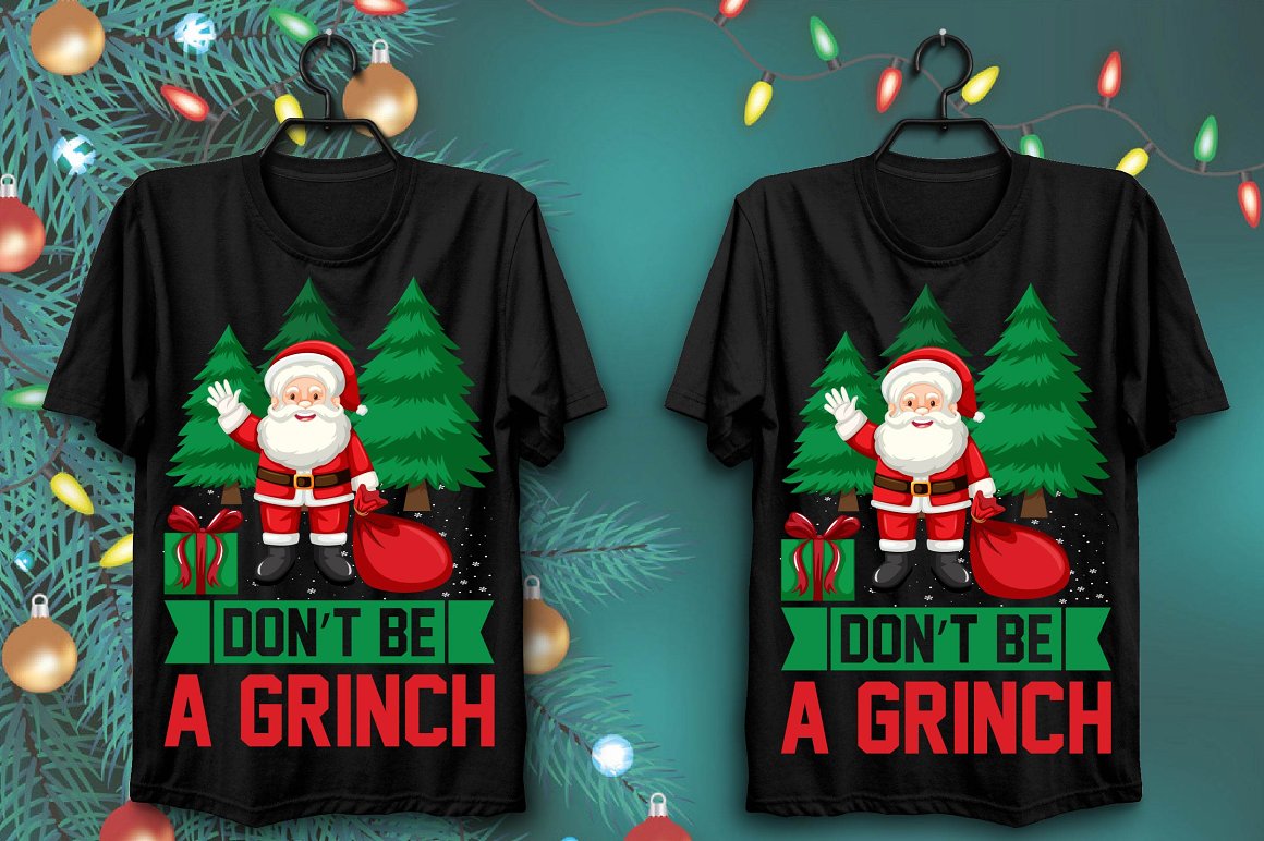 T-shirts with colorful santa print with gifts near beautiful Christmas trees.