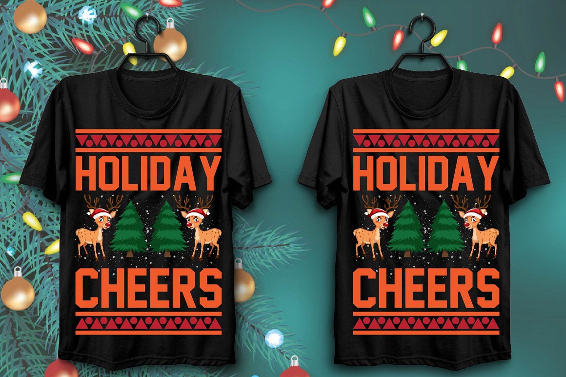 Black T-shirts with a memorable print of two New Year's deer.