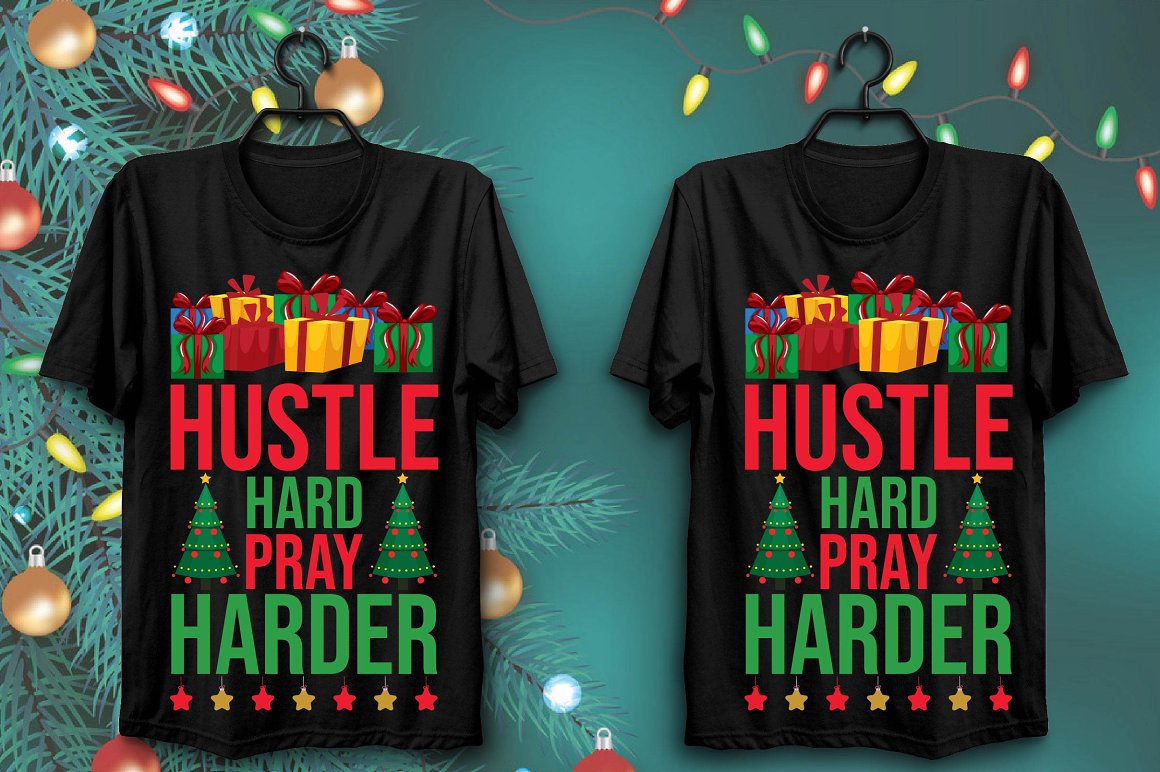 Black T-shirts with a colorful print of a New Year's gift and a cheerful inscription.