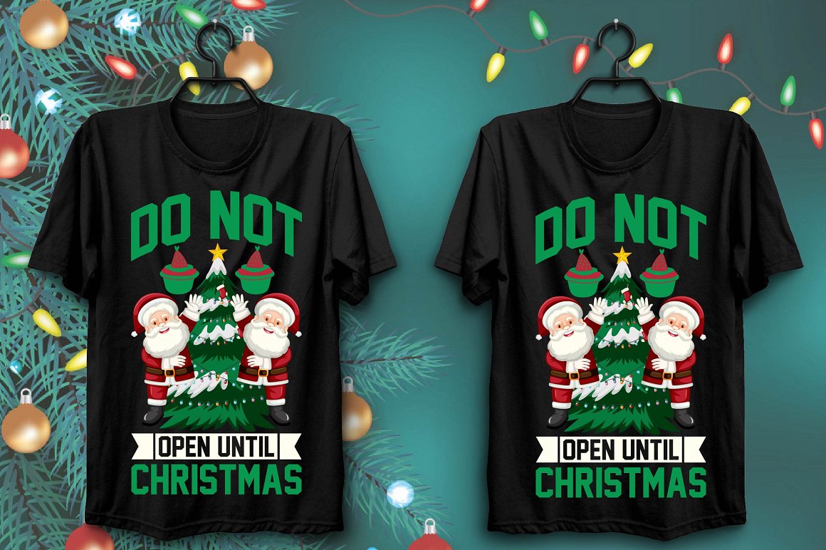 T-shirts with a colorful print of a joyful santa near the Christmas tree.