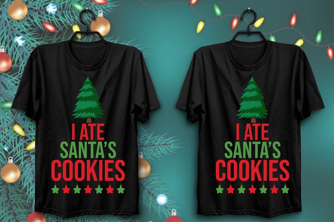 Black T-shirts with a colorful green Christmas tree print and bright slogan.
