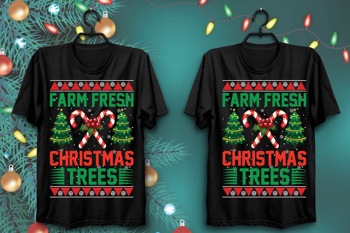 Black T-shirts with a memorable Christmas candy print and fun slogan.