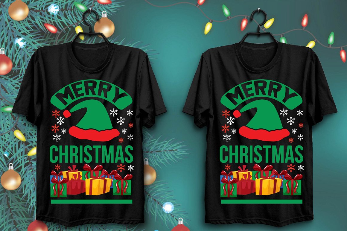 Black t-shirts with a beautiful print of a New Year's elf hat and a cheerful inscription.
