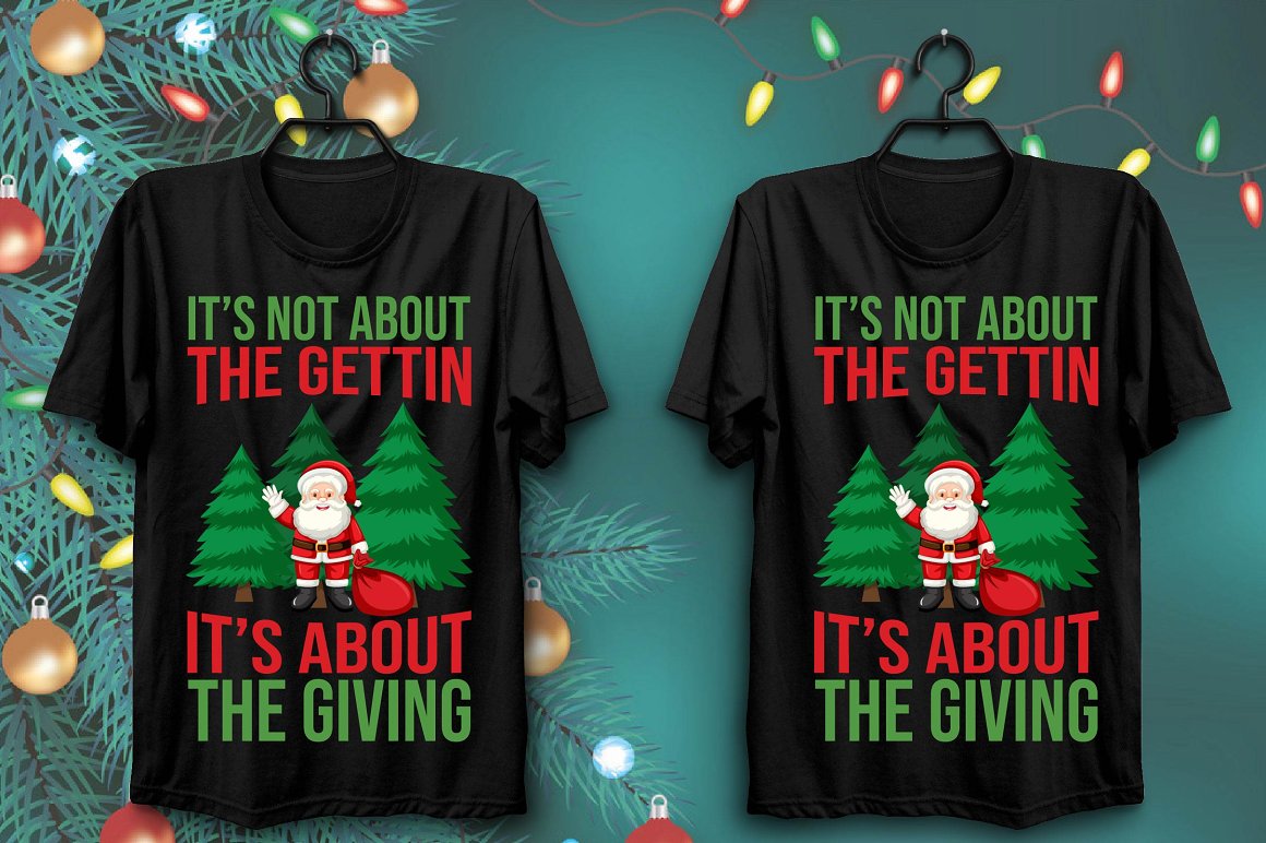 Black T-shirts with bright Santa print surrounded by green Christmas trees.