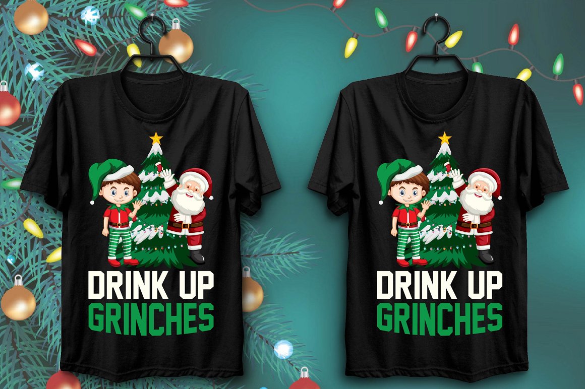 Black T-shirts with a memorable print of Santa with a joyful child near the Christmas tree.