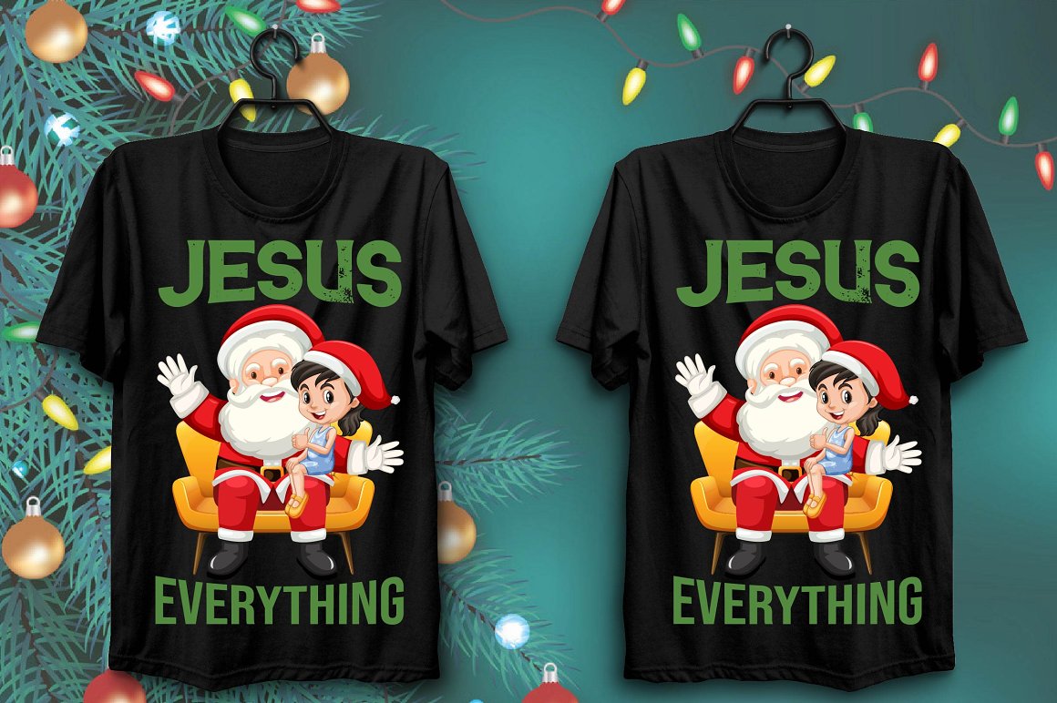 Black t-shirts with a bright print of Santa with a happy child.