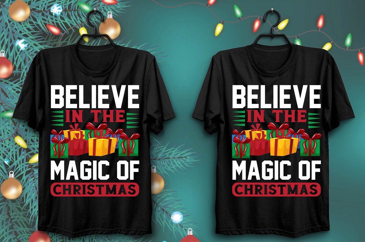 Black T-shirts with colorful Christmas gifts print.