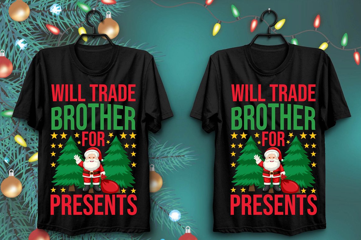 Black T-shirts with memorable Santa print with Christmas trees and bright stars.