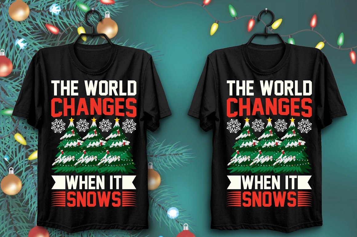 Black T-shirts with a bright print of two winter trees wrapped in snow.