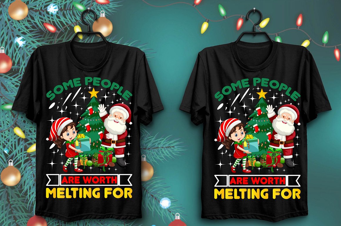 T-shirts with a colorful print of Santa near the Christmas tree with gifts with a child.