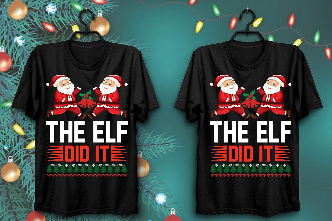 Black t-shirts with bright print of two happy Santas with bells.
