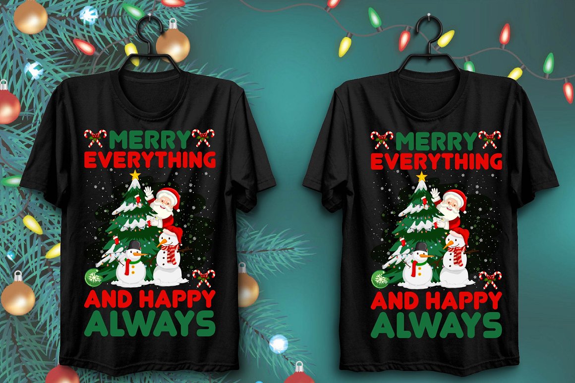 T-shirts with colorful print of Santa near the Christmas tree with two snowmen.