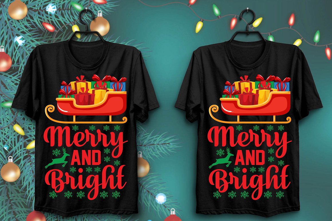 Black T-shirts with gorgeous New Year's sleigh print and bright lettering.
