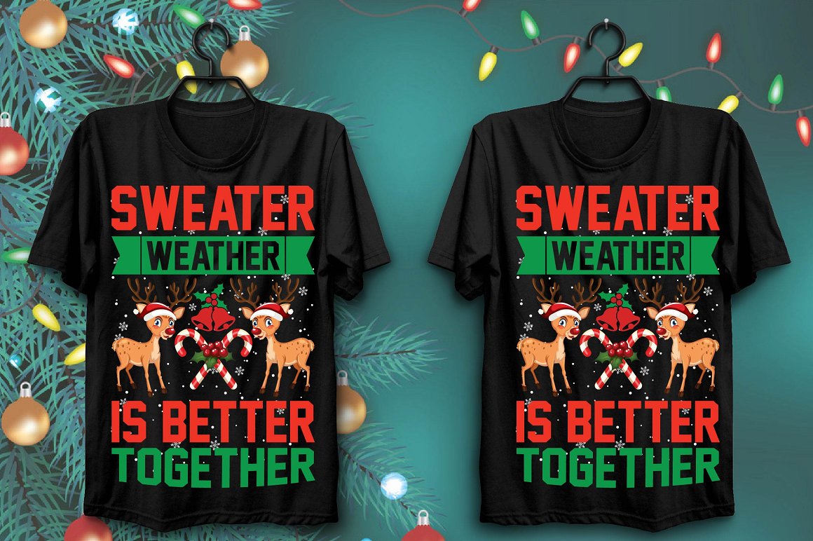 Black T-shirts with bright print of two New Year's deer and bright slogan.