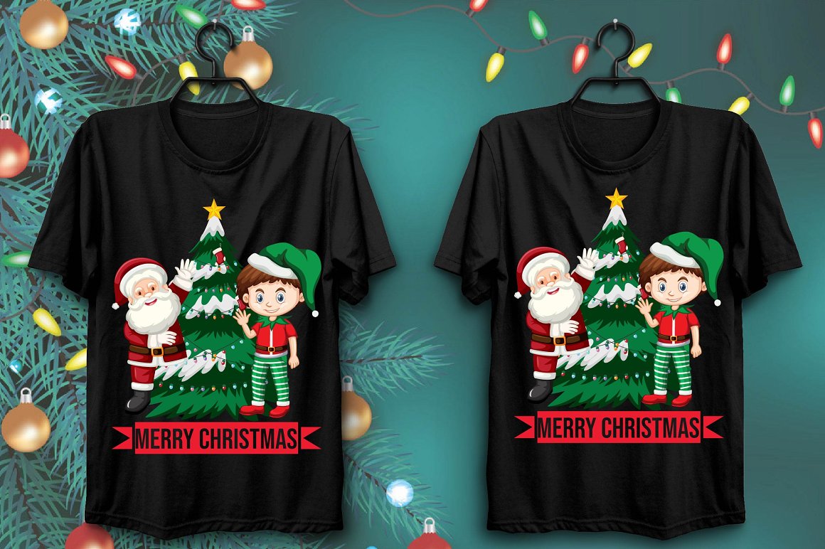 Black t-shirts with a memorable print of Santa and a happy child near the Christmas tree.