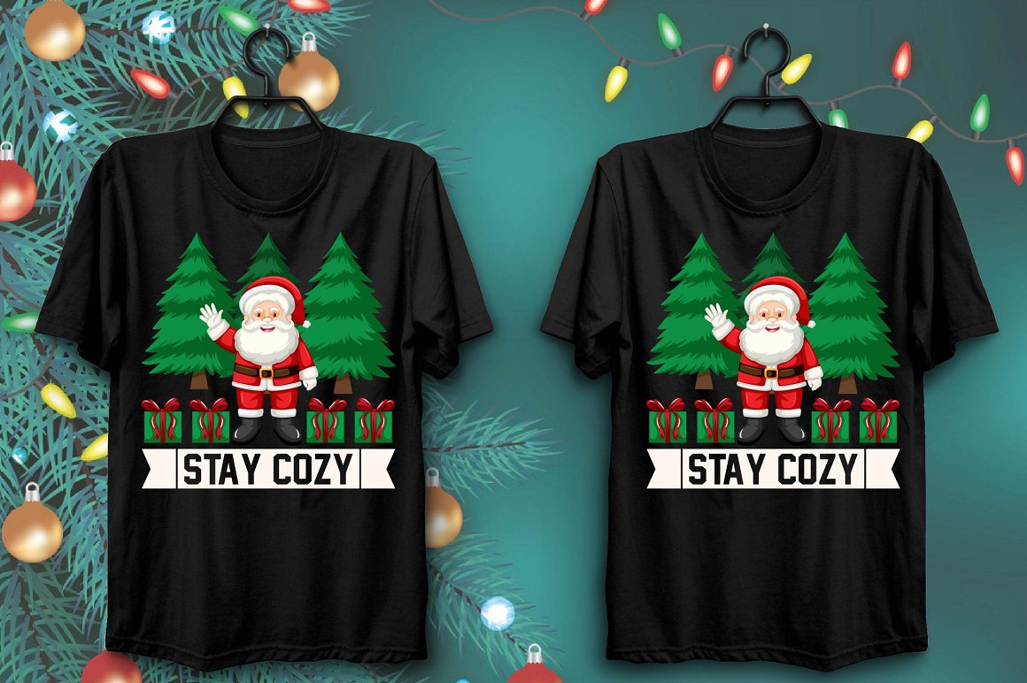Black t-shirts with bright print of colorful Santa and winter trees.