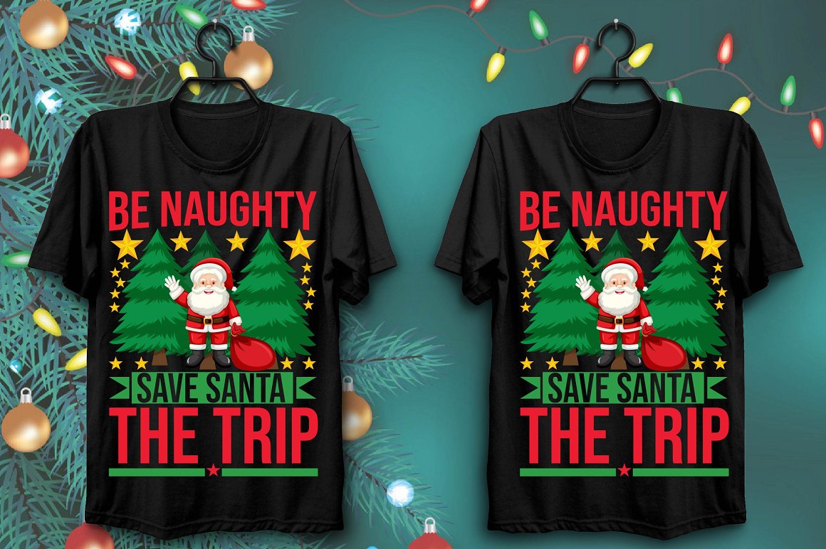 Black T-shirts with a beautiful Santa print surrounded by green Christmas trees and bright stars.