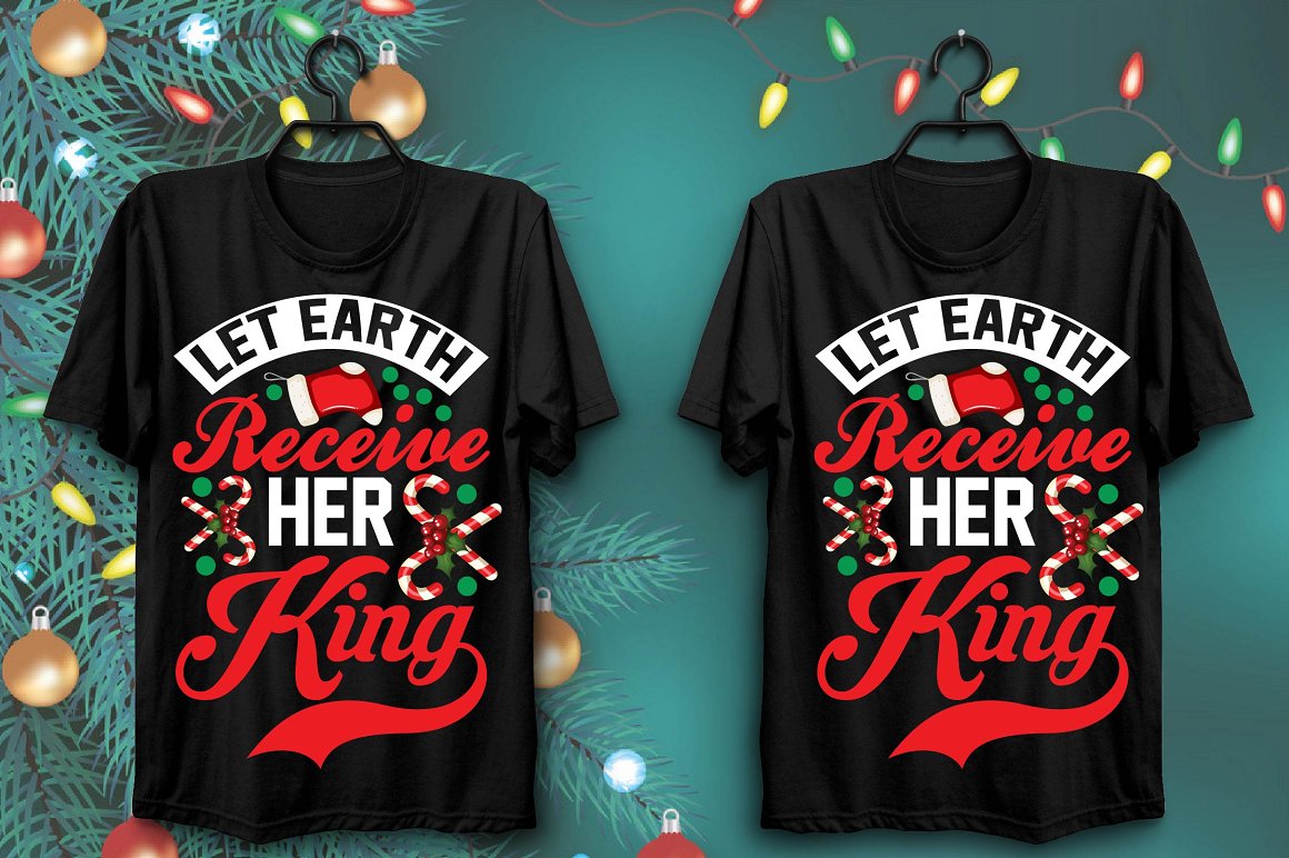 Black T-shirts with a beautiful print of Christmas accessories.