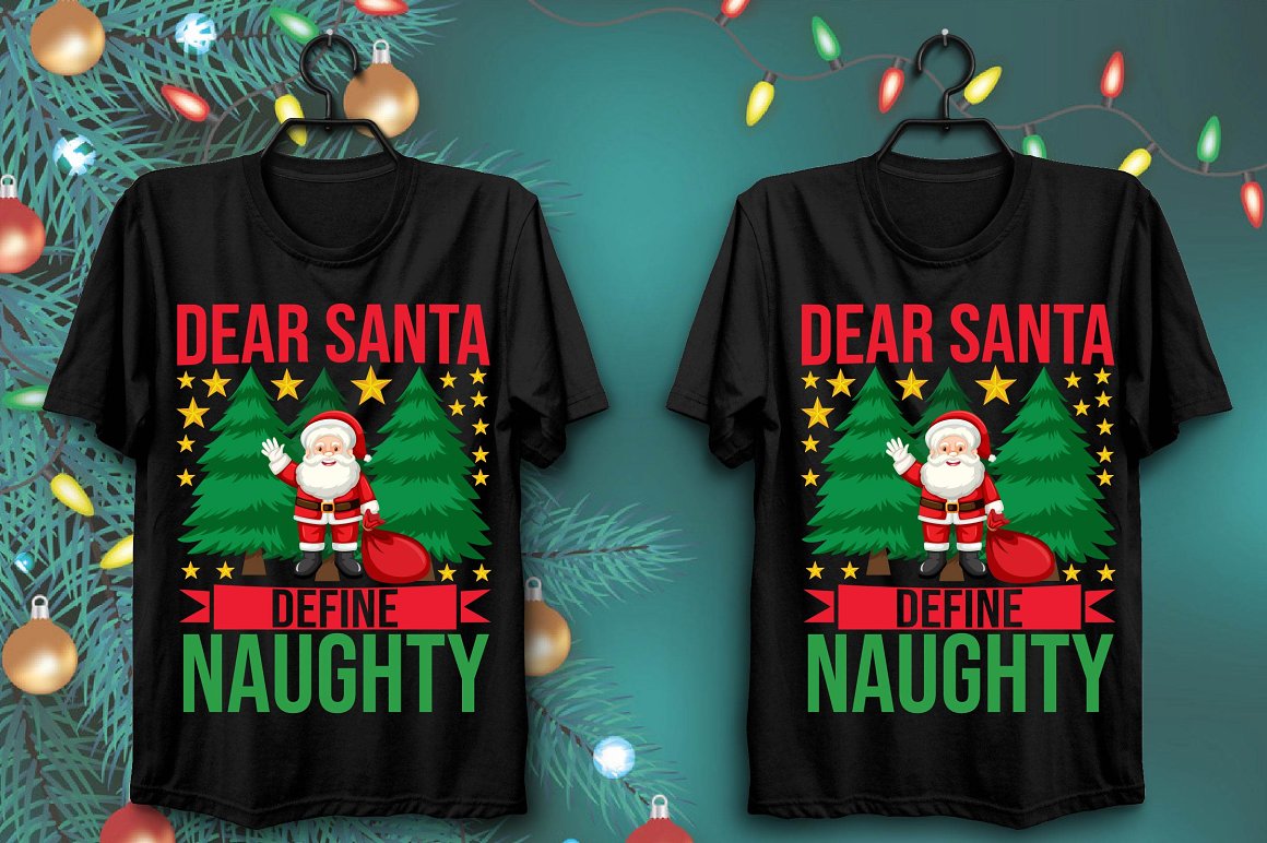 Black T-shirts with a beautiful Santa print surrounded by green Christmas trees.