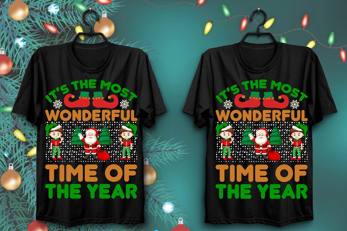 T-shirts with colorful Santa and happy kids print.