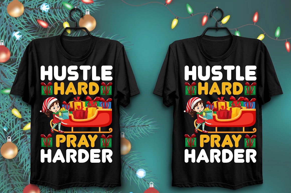 Black T-shirts with a colorful print of bright New Year's sleigh with gifts.