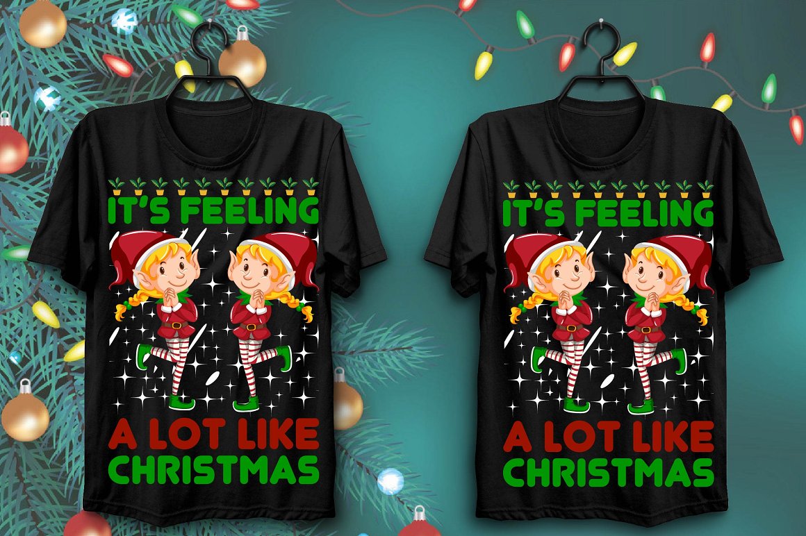 T-shirts with a colorful print of two cute Christmas elves.