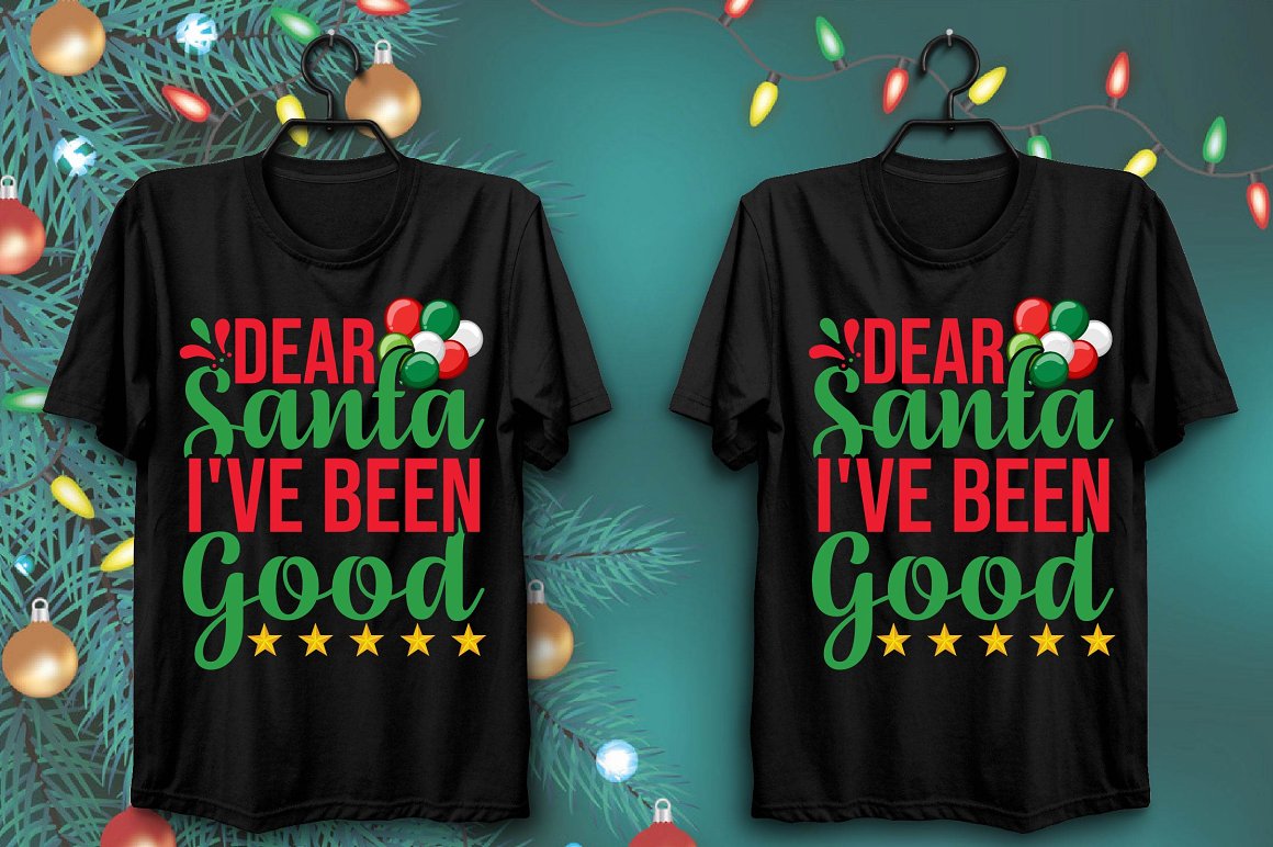 Black T-shirts with colorful Christmas print.