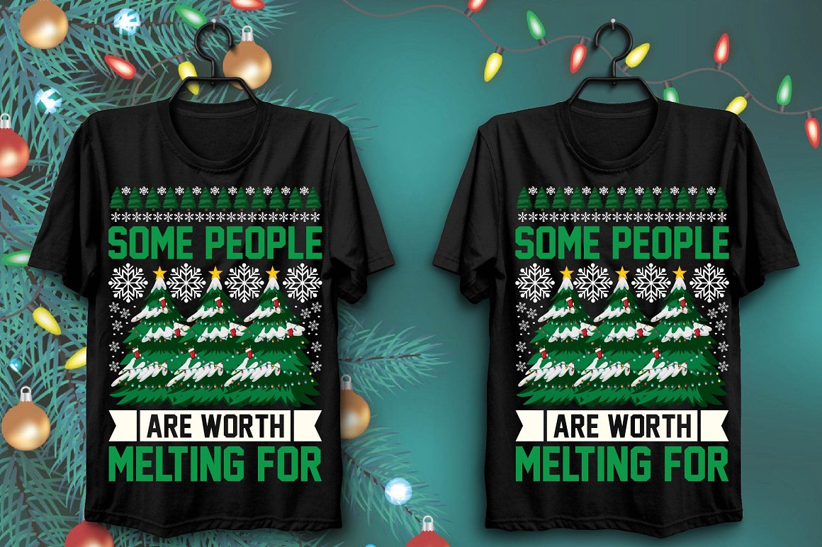 Black T-shirts with fantastic Christmas tree print wrapped in snow.