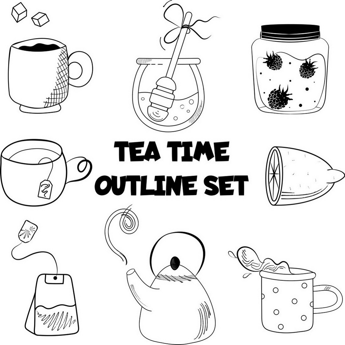 Tea Time Outline Doodle Set preview image.