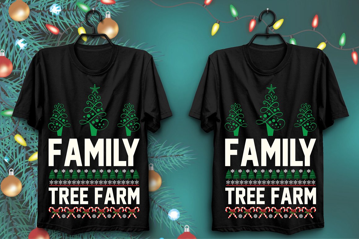 Black T-shirts with colorful green Christmas tree print.
