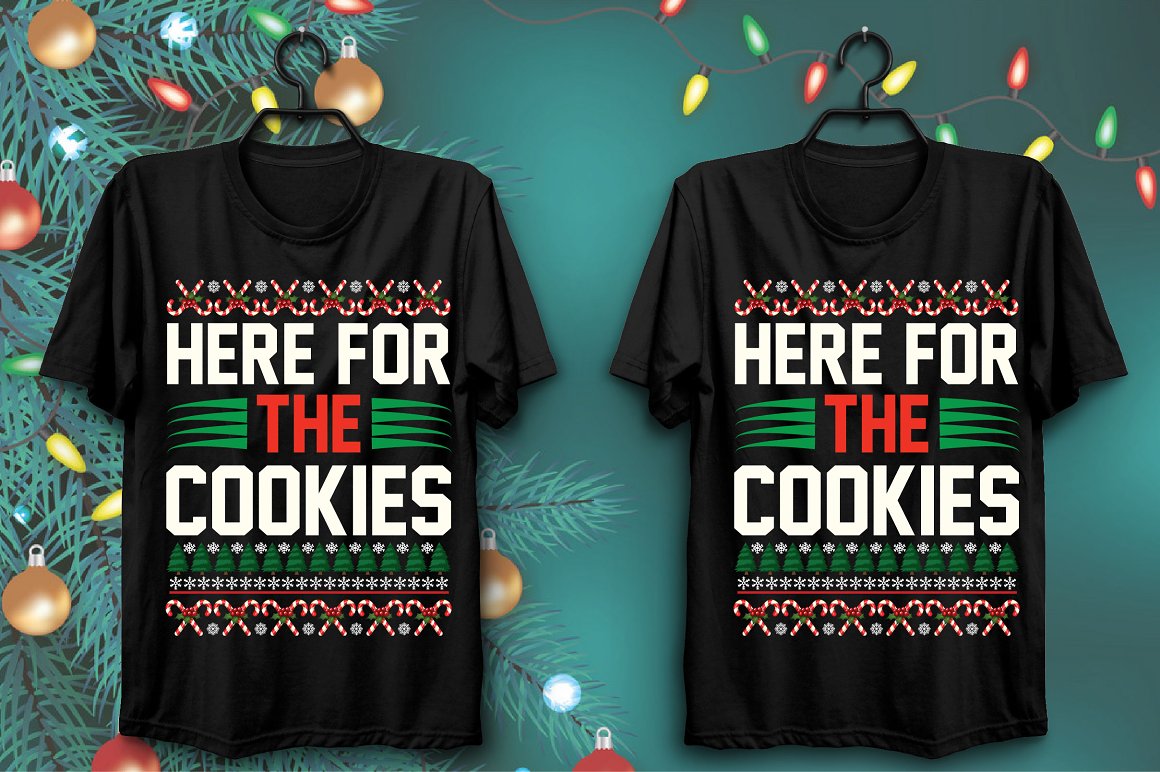Black T-shirts with memorable prints of Christmas accessories and colorful slogan.