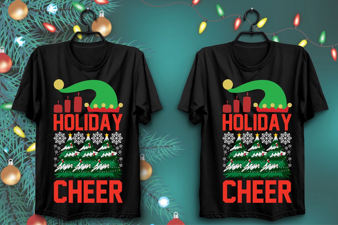 Black T-shirts with a bright print of colorful Christmas trees shrouded in snow and New Year's Elf hats.