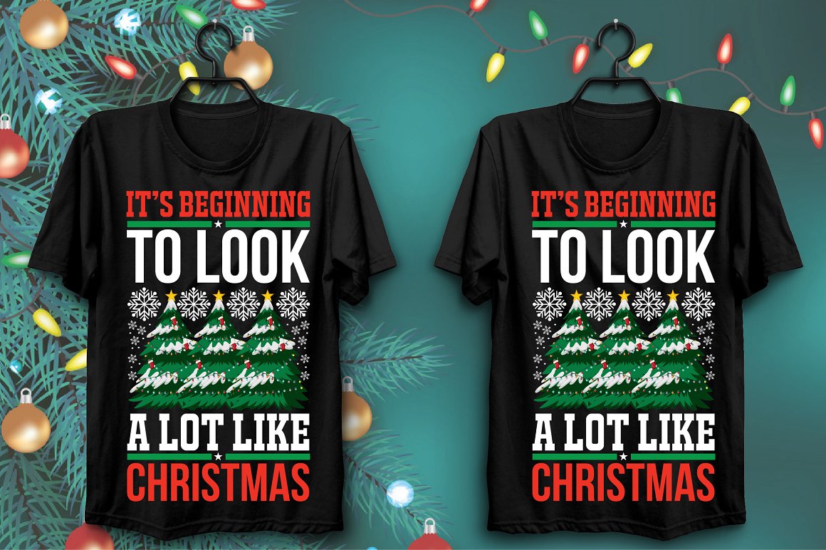 Black T-shirts with a bright print of colorful Christmas trees shrouded in snow.