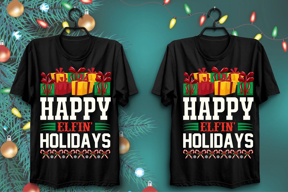 Black T-shirts with a bright print of New Year's gifts and cool inscriptions.