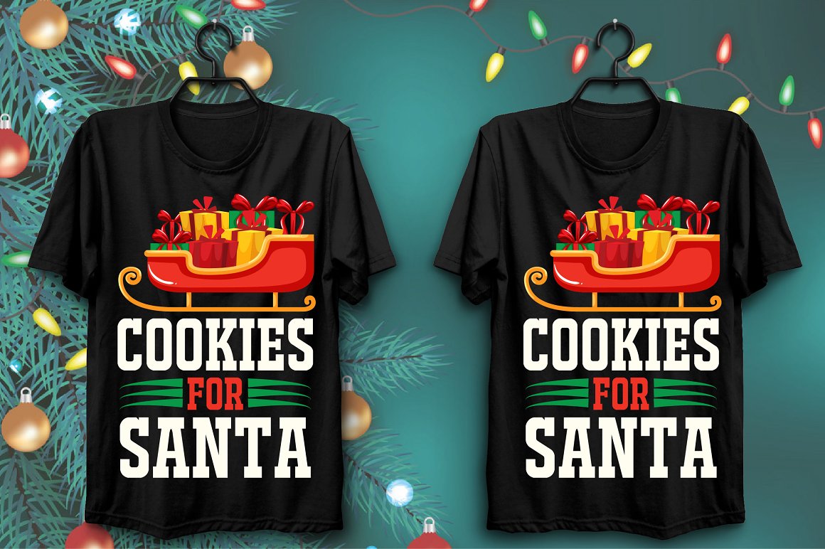 Black T-shirts with a colorful print of the New Year's sleigh full of gifts.