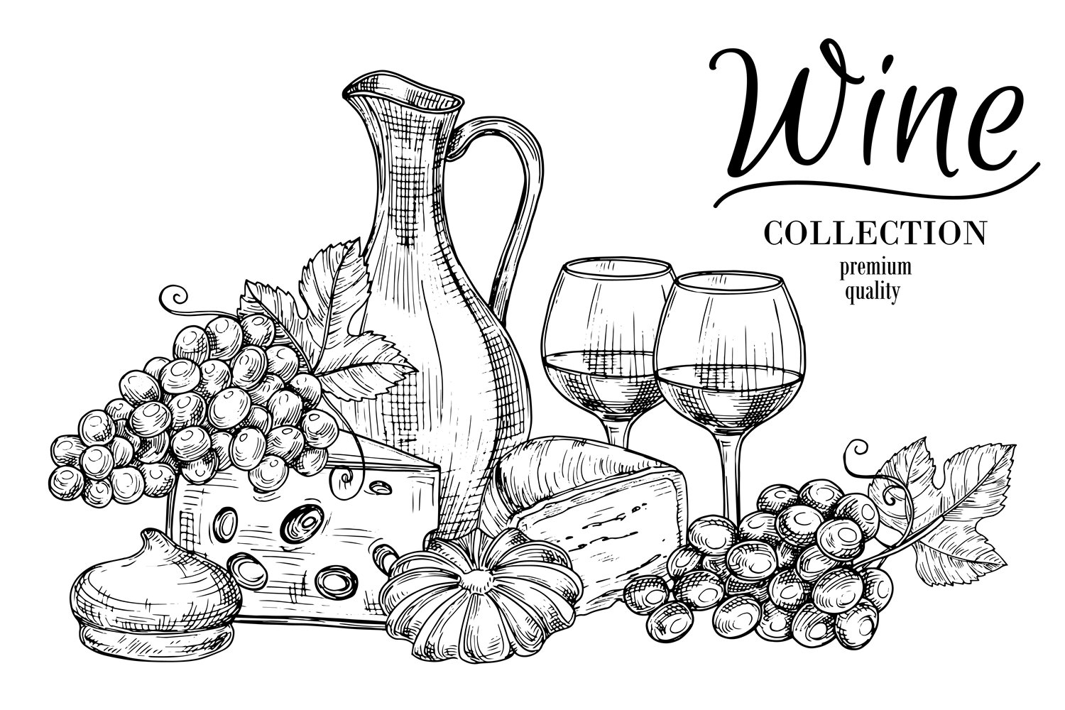 Gorgeous image of hard cheese and glasses of wine and fruit drawn in black pencil.