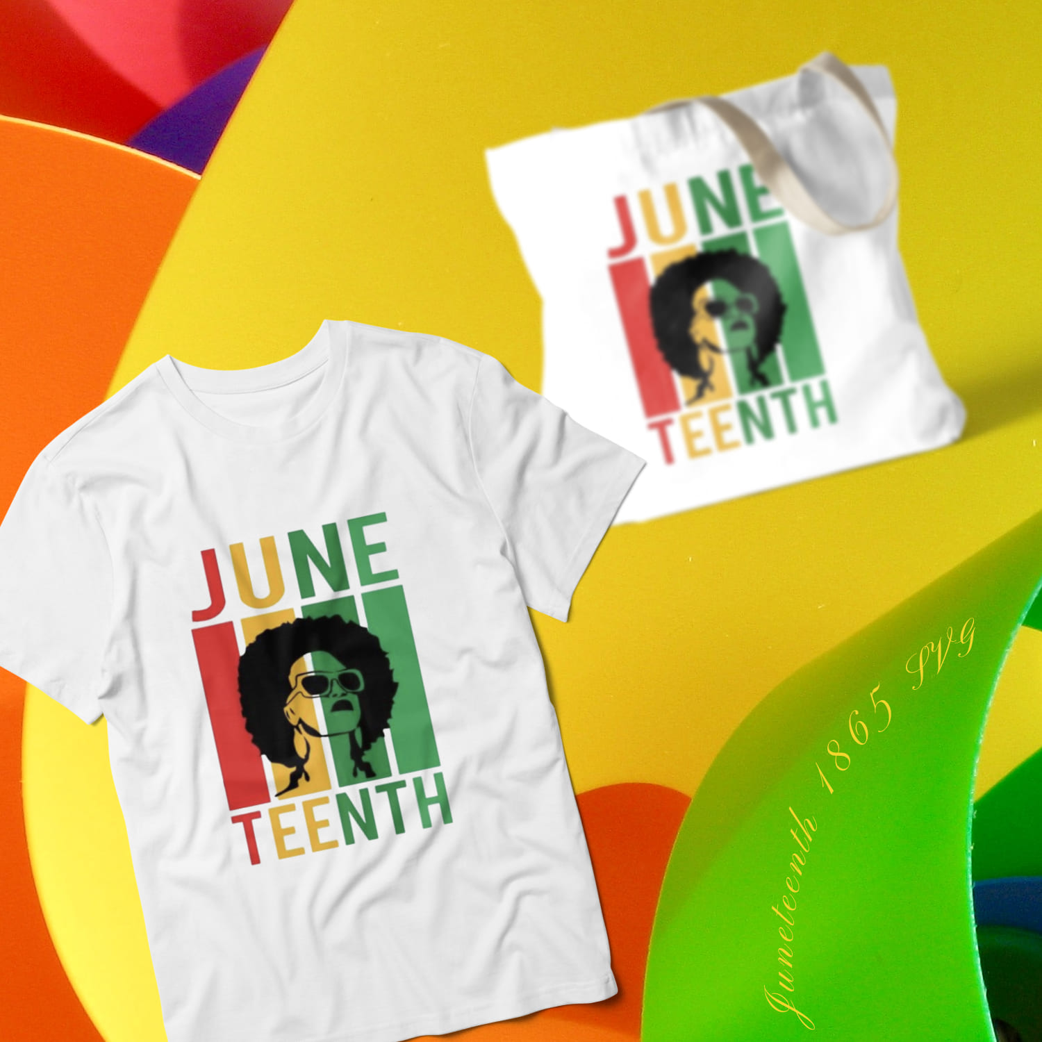 T-shirt and bag in white juneteenth print on a bright background.