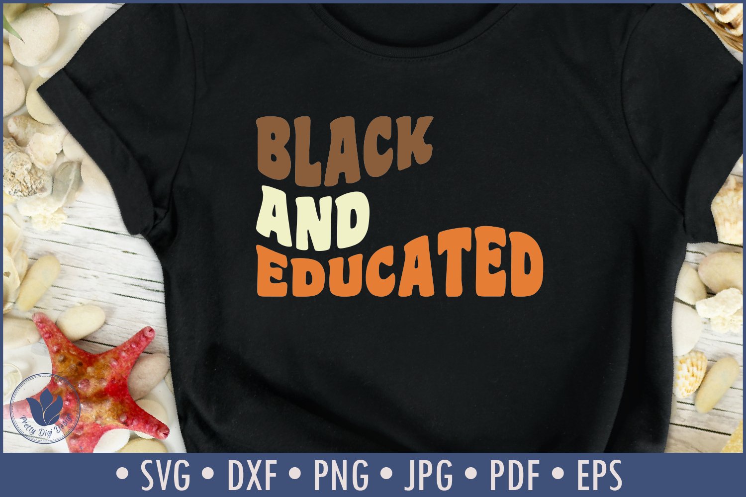 T-shirt in black with a bright print with the word "Black and Educated".