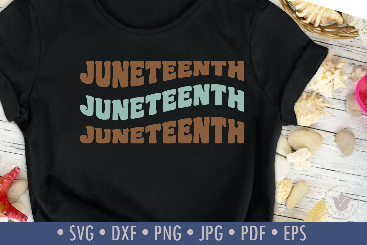 Black T-shirt with multi-colored print with the word "juneteenth".