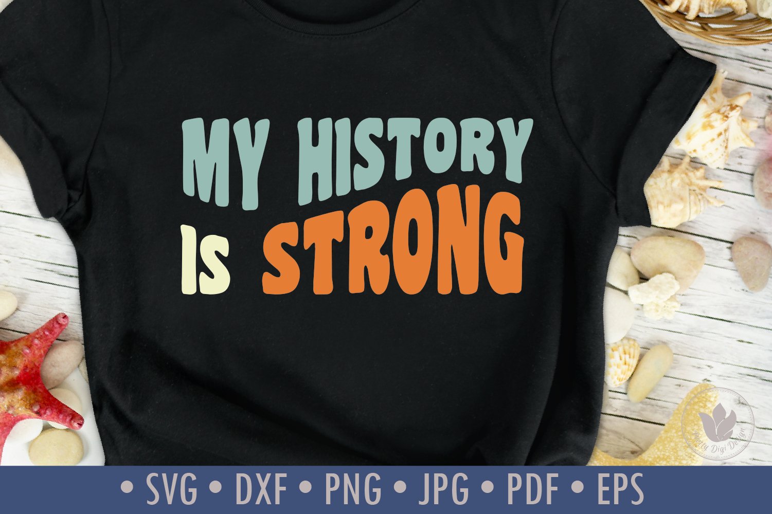 T-shirt in black color with a beautiful print with the inscription "My history is strong".