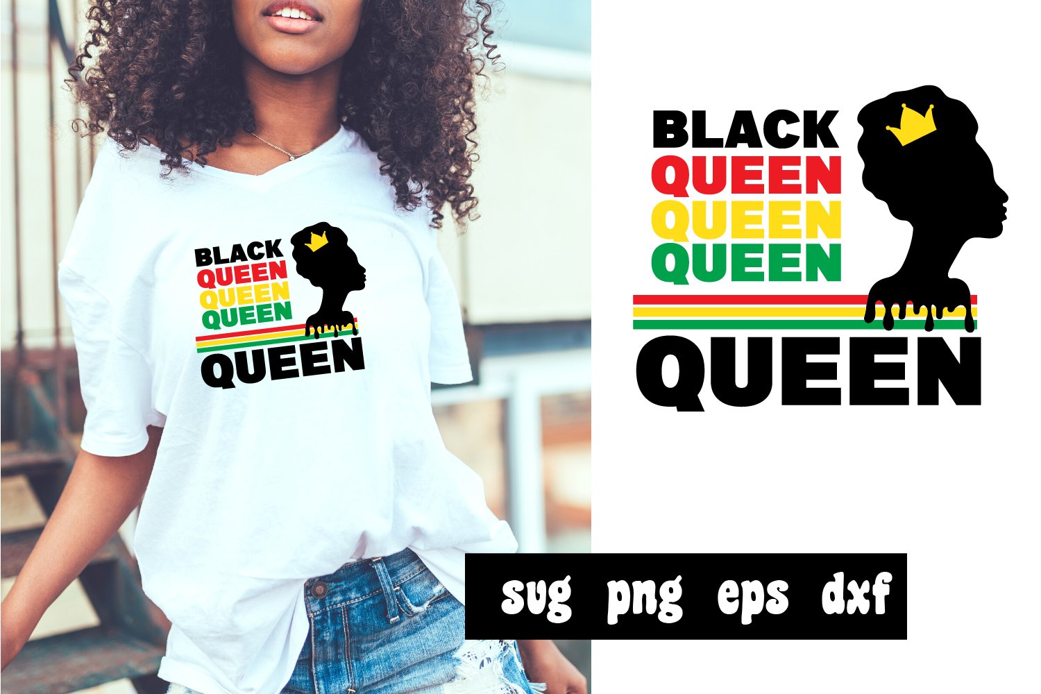White T-shirt with colorful black queen girl print.