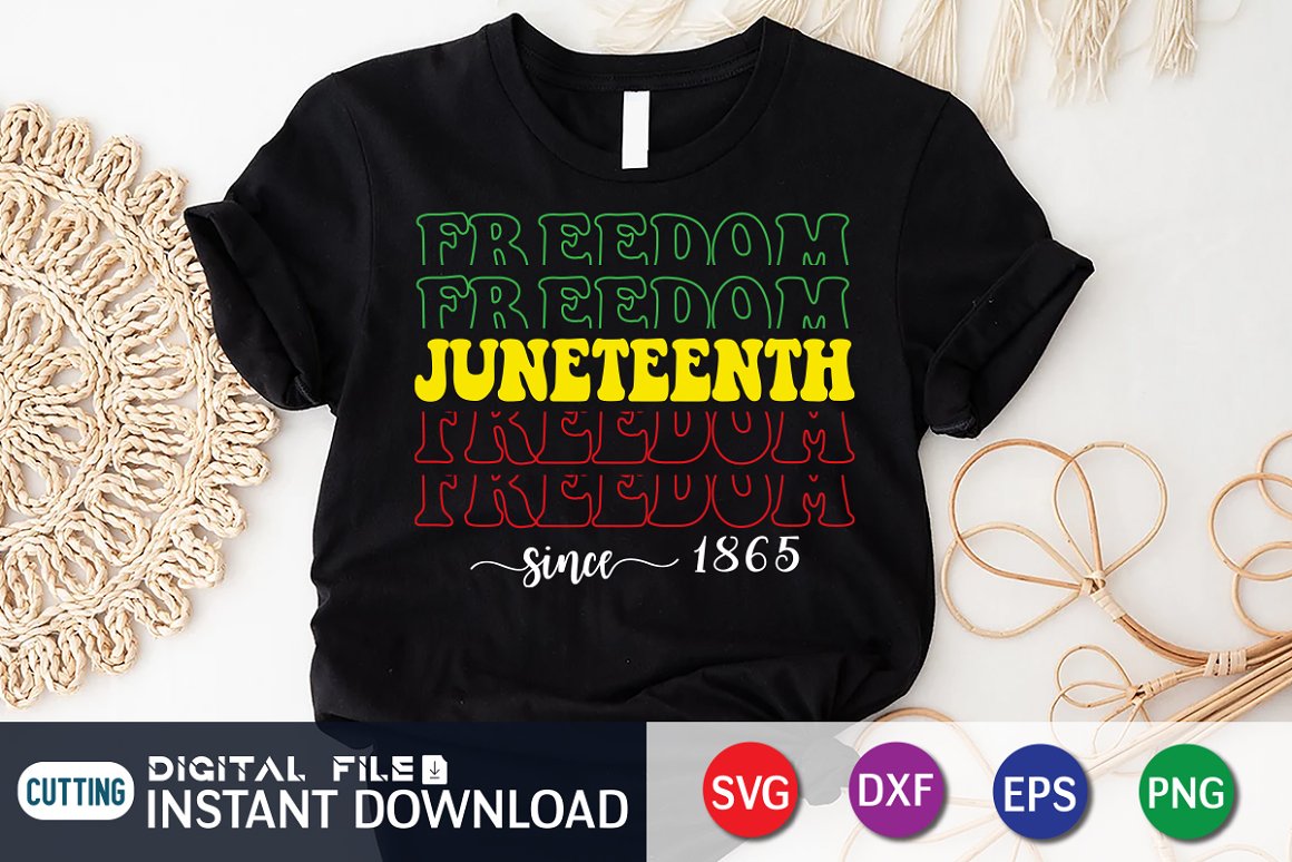 Black T-shirt with "Juneteenth" slogan in the colors of the African flag.