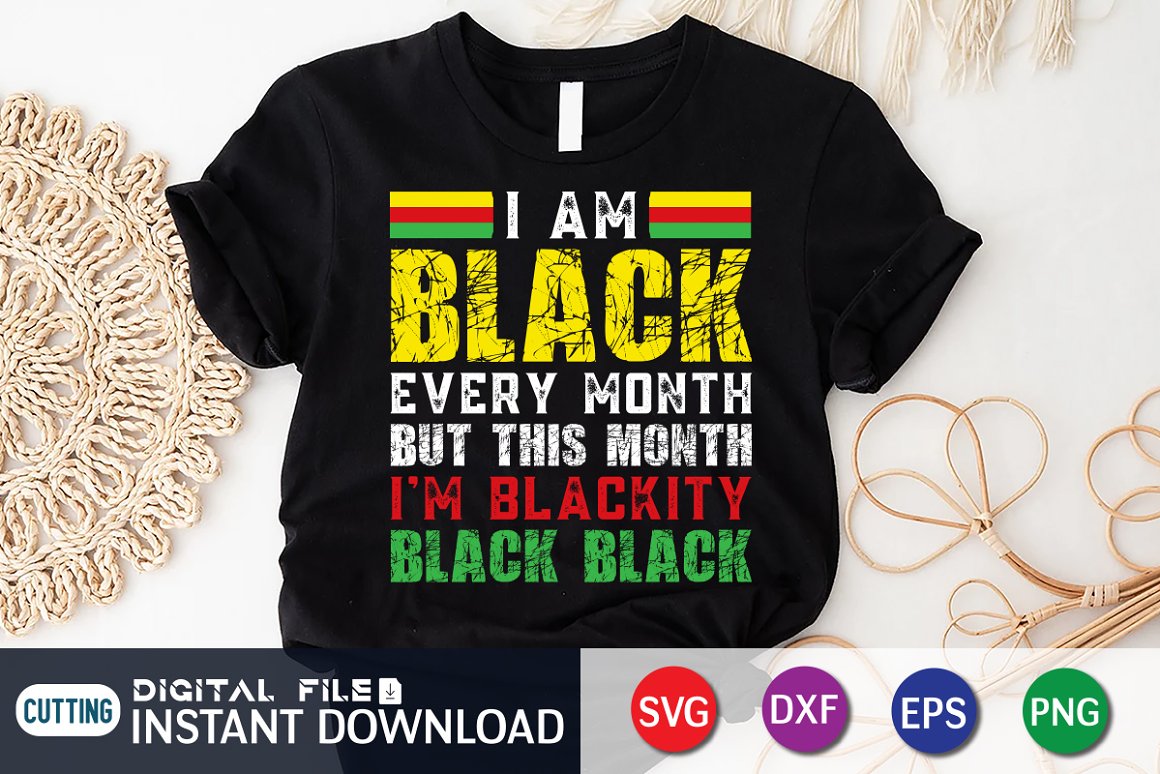 Black t-shirt with a bright print in the colors of the African flag.