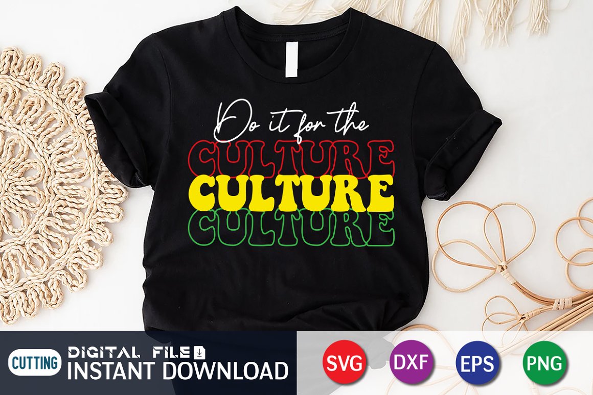 Black T-shirt with "CULTURE" slogan in the colors of the African flag.