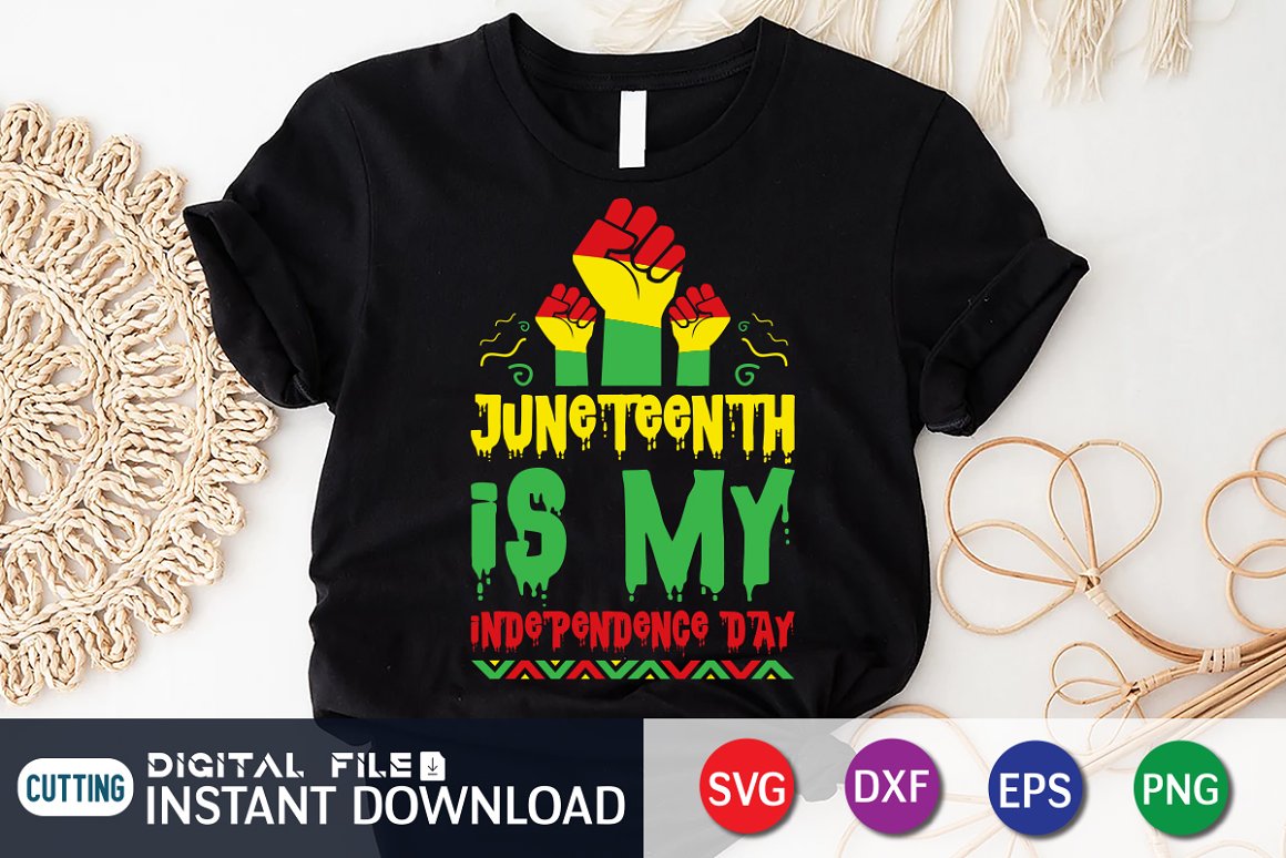 Black Juneteenth-themed T-shirt with vibrant print.