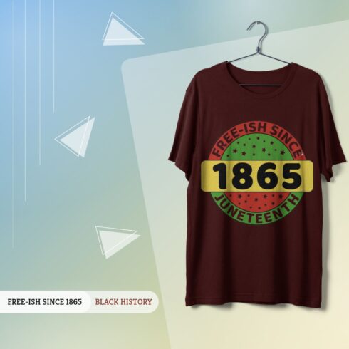 Burgundy Juneteenth T-shirt with colorful print.