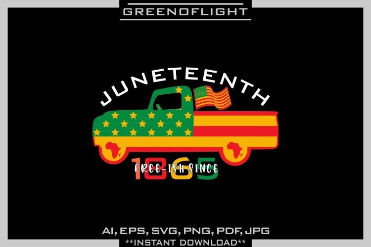 Truck with the flag of America in bright colors on a black background with the inscription "Juneteenth".